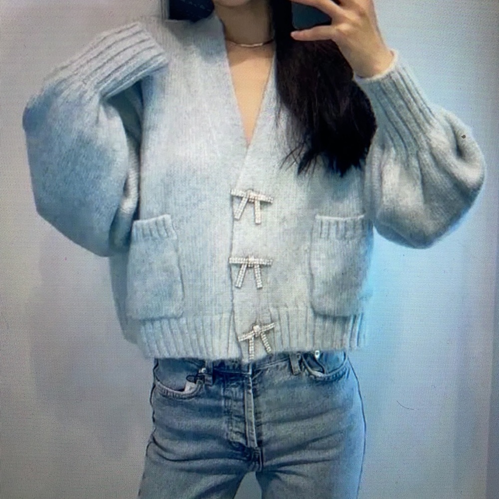 Zara Blue Rhinestone Bow Cardigan Sweater Medium
